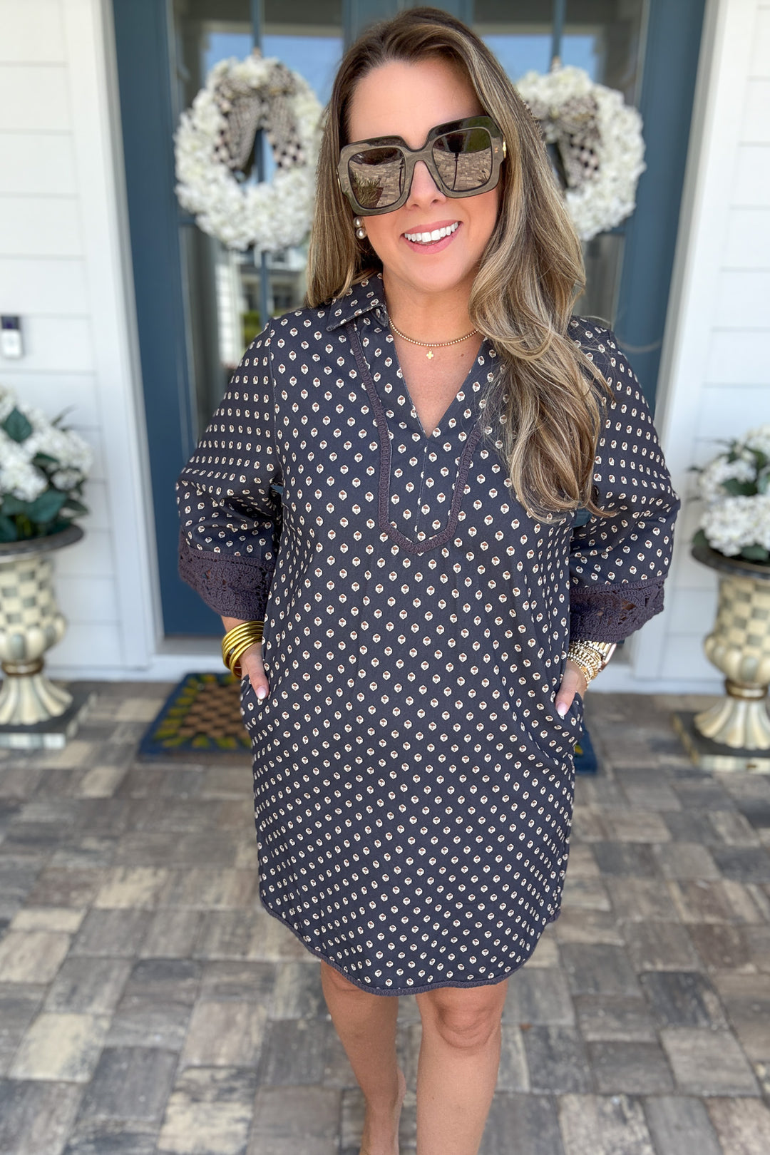 Lana Crochet Trim Shift Dress - Navy