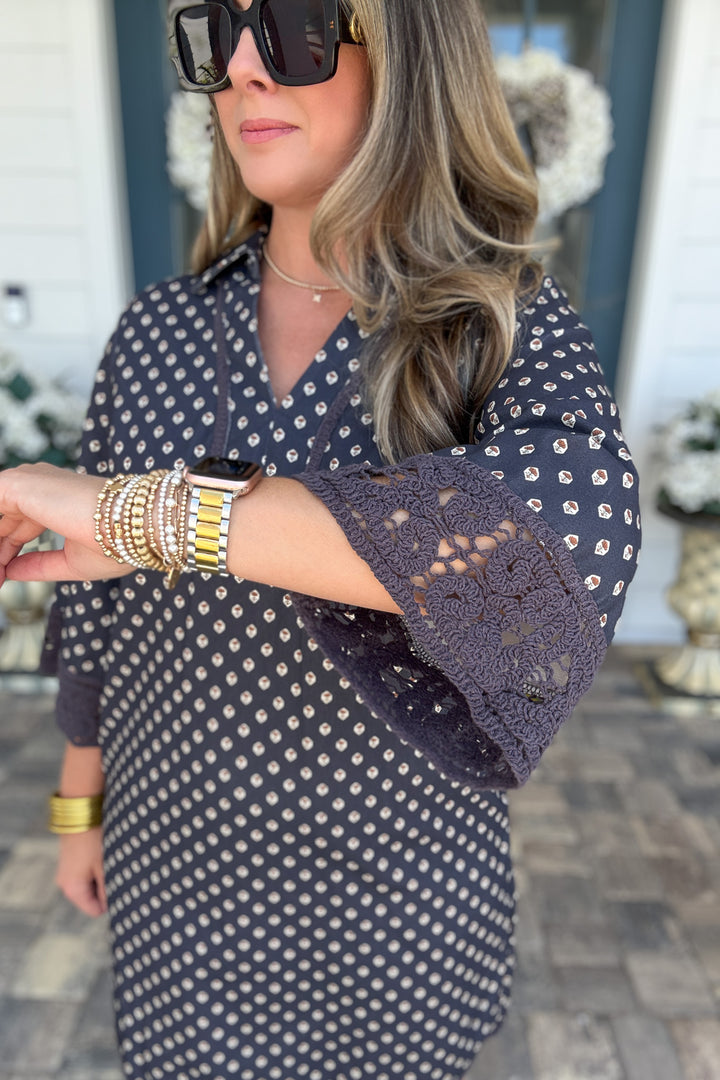 Lana Crochet Trim Shift Dress - Navy