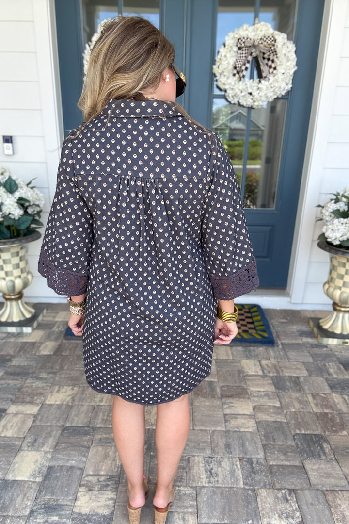 Lana Crochet Trim Shift Dress - Navy