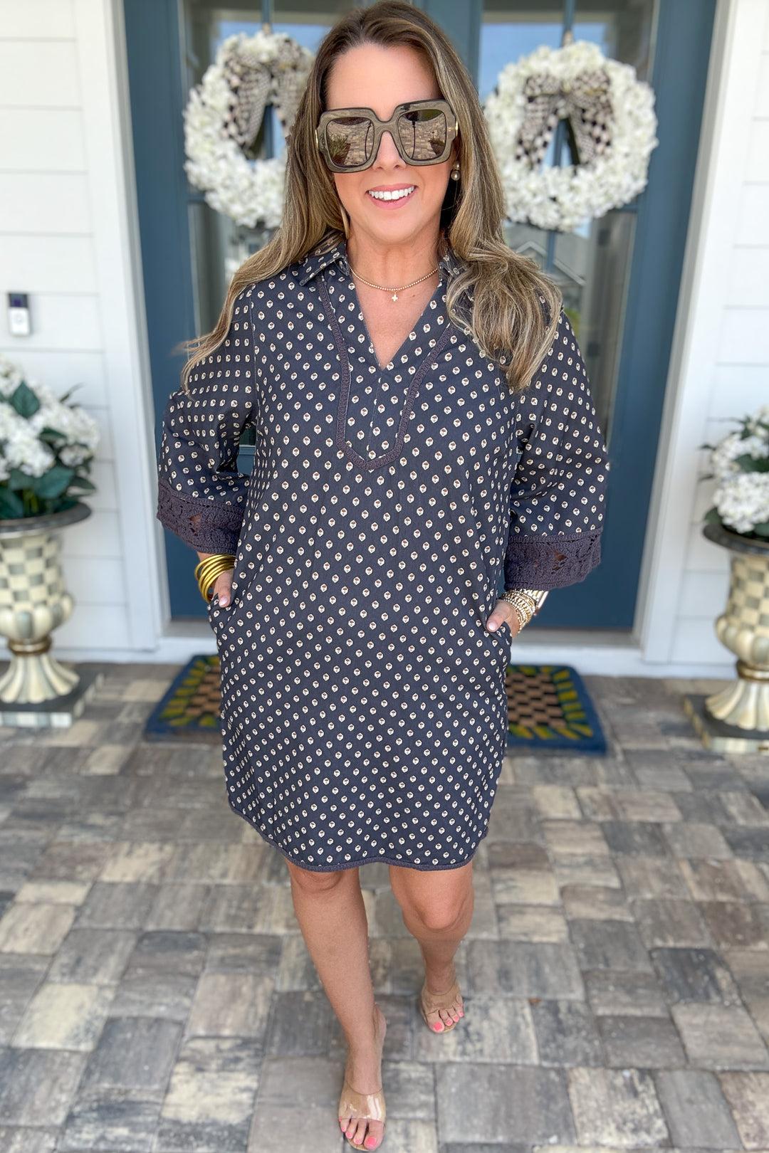Lana Crochet Trim Shift Dress - Navy