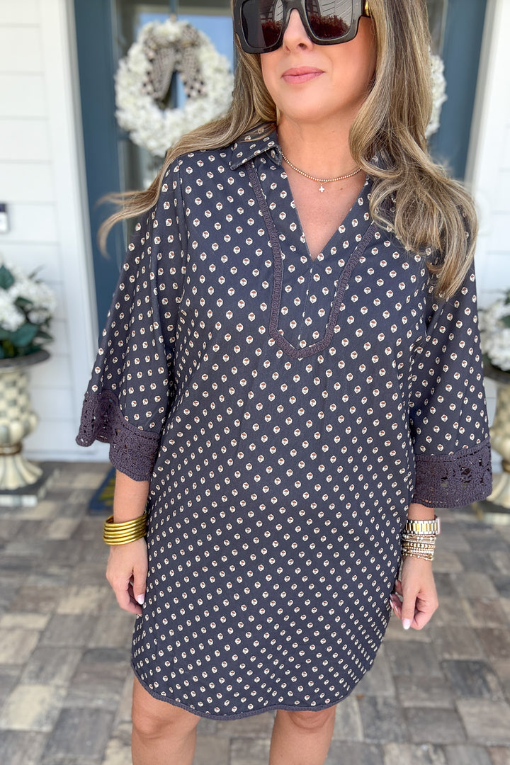 Lana Crochet Trim Shift Dress - Navy