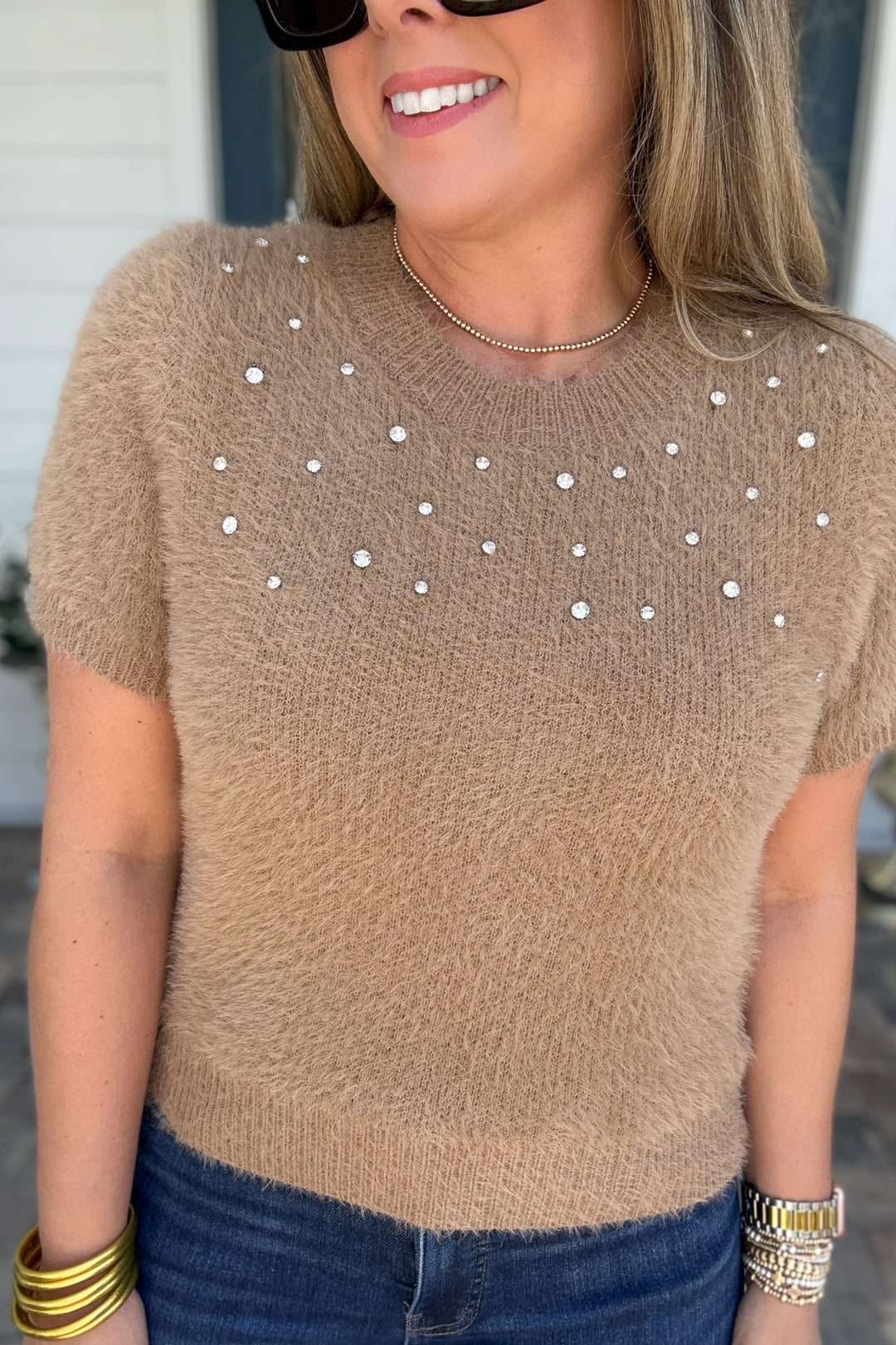 Chestnut Charm Rhinestone Short Sleeve Sweater