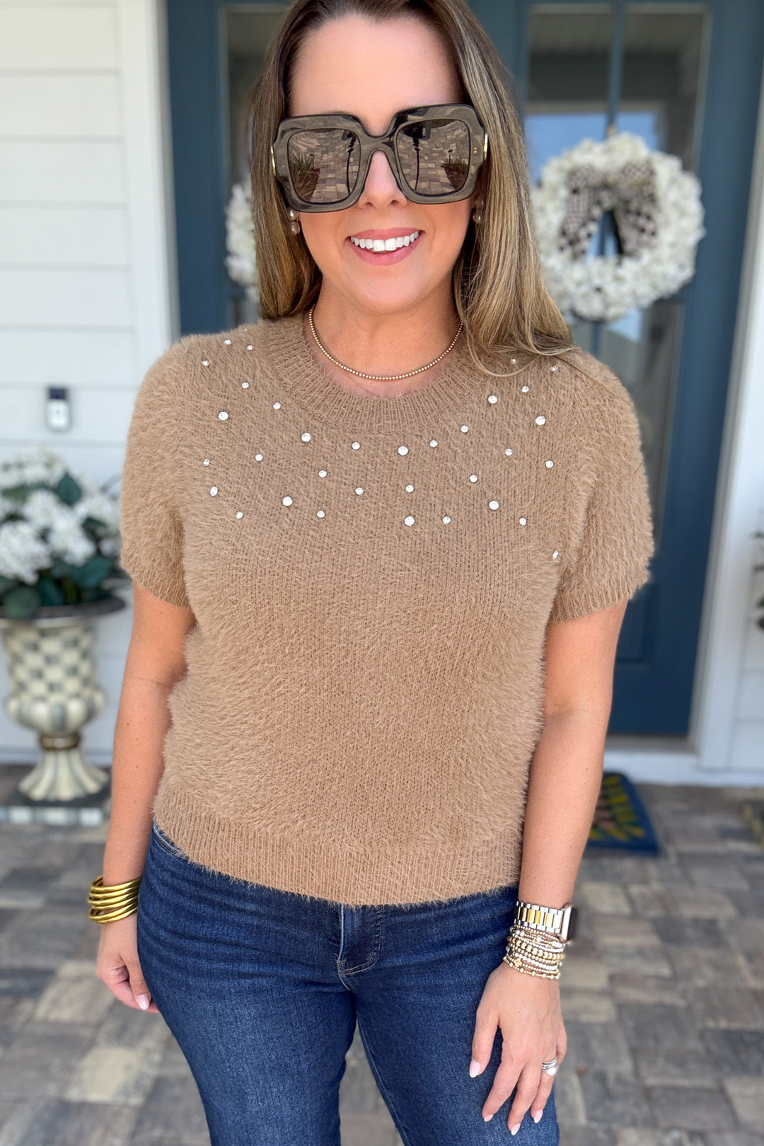 Chestnut Charm Rhinestone Short Sleeve Sweater