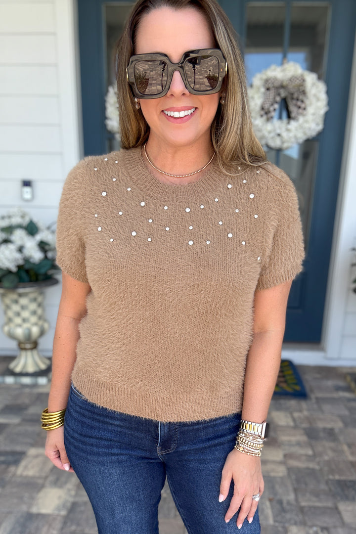 Chestnut Charm Rhinestone Short Sleeve Sweater