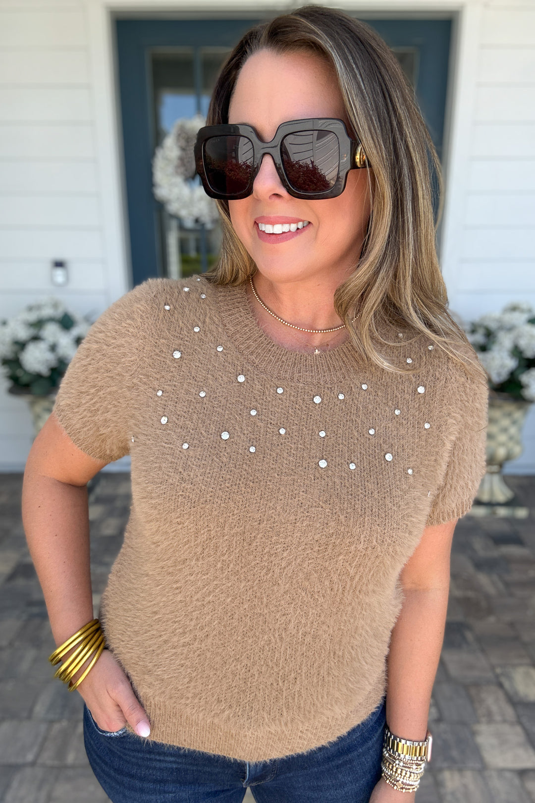 Chestnut Charm Rhinestone Short Sleeve Sweater