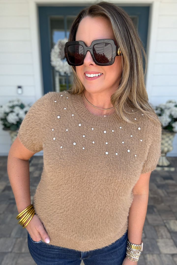 Chestnut Charm Rhinestone Short Sleeve Sweater