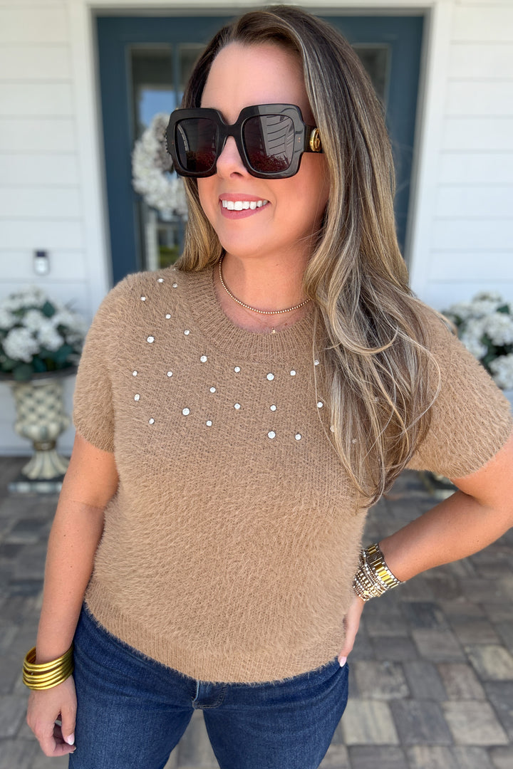 Chestnut Charm Rhinestone Short Sleeve Sweater