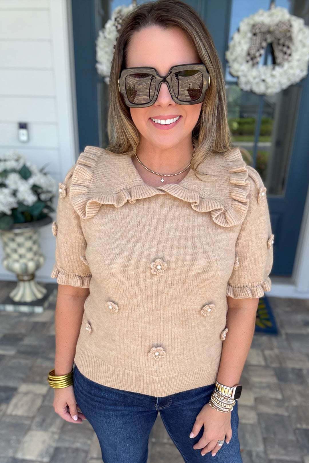 Autumn Garden Pearl Sweater Top - Mocha
