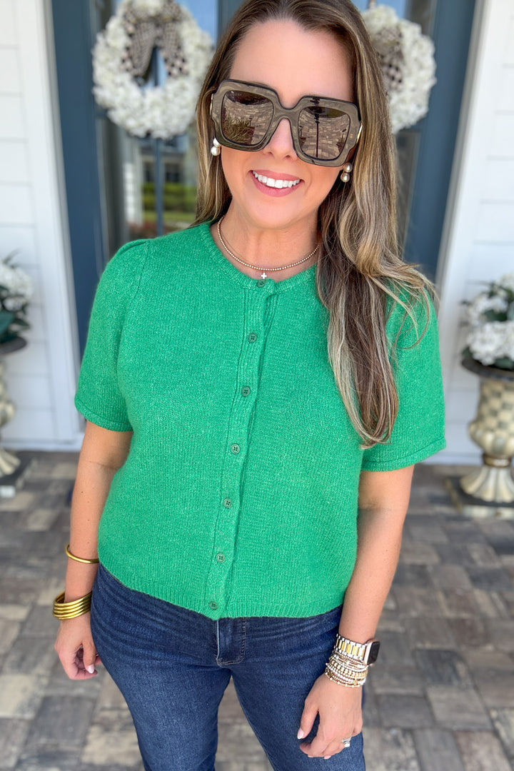 Perfectly Polished Puff Sleeve Cardigan - Kelly Green