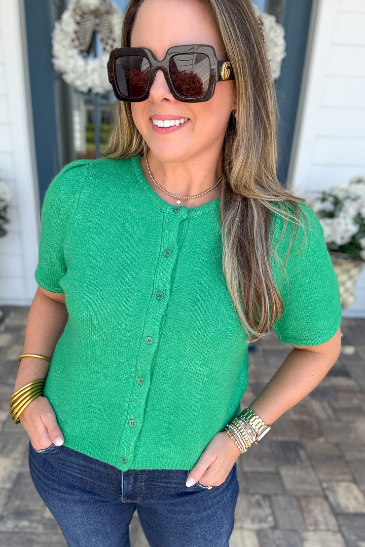 Perfectly Polished Puff Sleeve Cardigan - Kelly Green