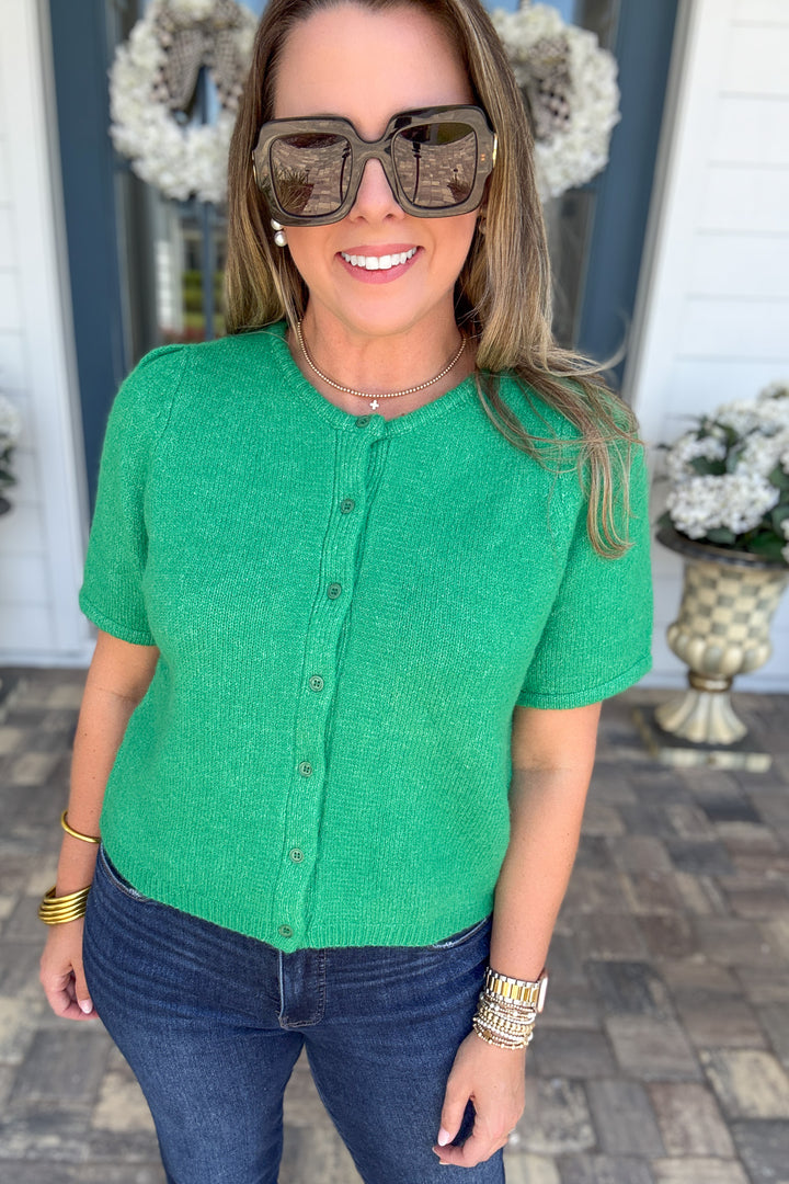 Perfectly Polished Puff Sleeve Cardigan - Kelly Green