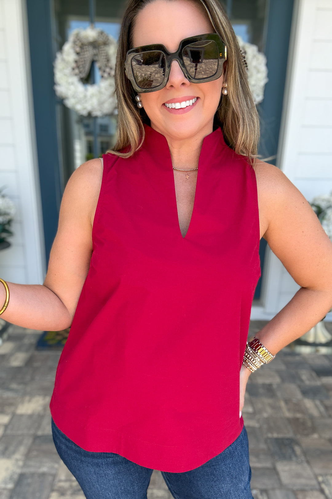 Classic V-Neck Poplin Tank - Ruby