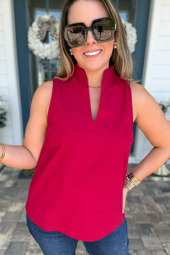 Classic V-Neck Poplin Tank - Ruby