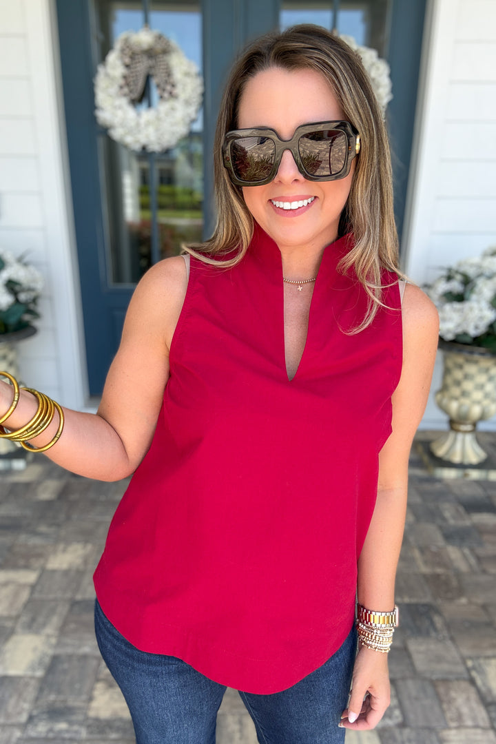 Classic V-Neck Poplin Tank - Ruby