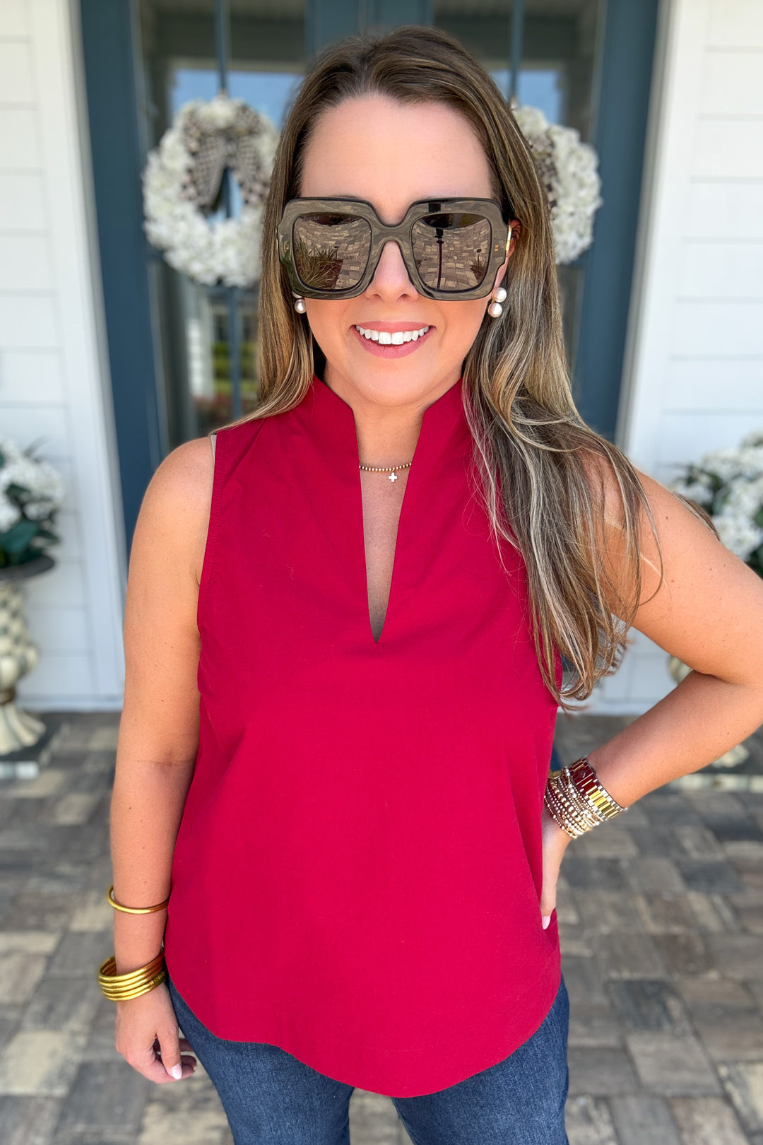 Classic V-Neck Poplin Tank - Ruby