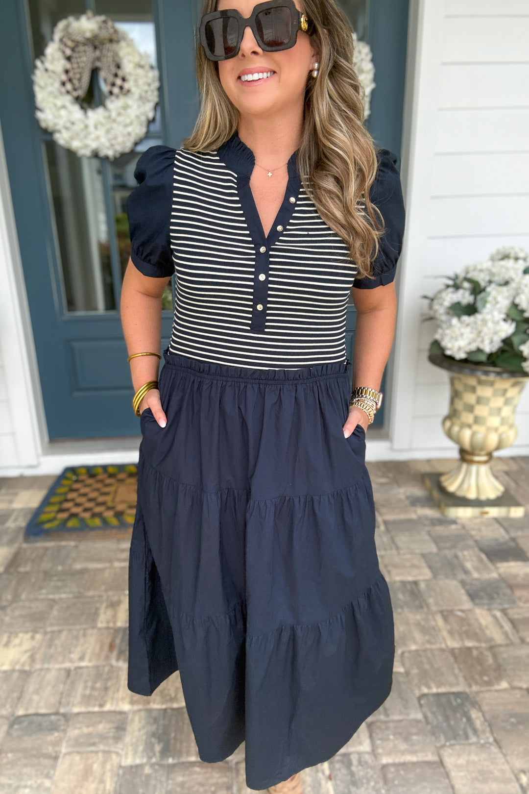 Mary Square: Vanessa Dress - Navy Stripe