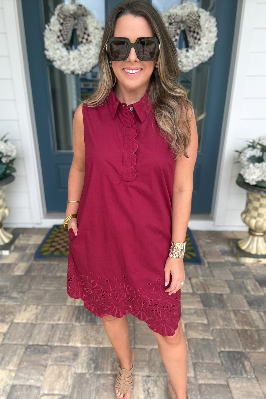 Midnight Garden Scallop Trim Dress - Wine
