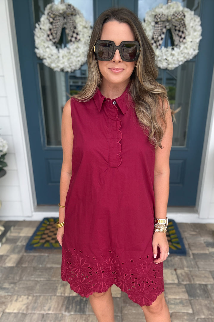 Midnight Garden Scallop Trim Dress - Wine