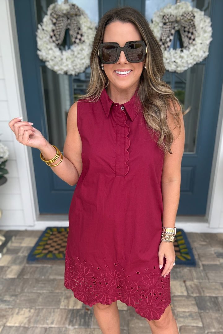 Midnight Garden Scallop Trim Dress - Wine