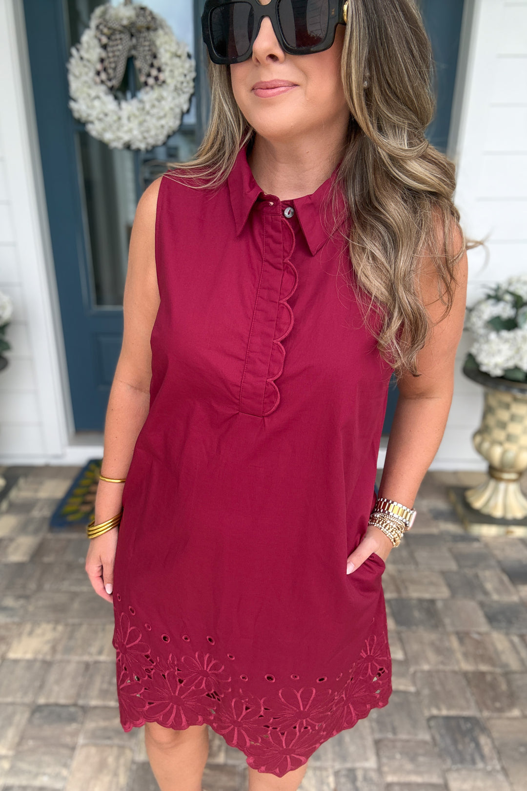 Midnight Garden Scallop Trim Dress - Wine