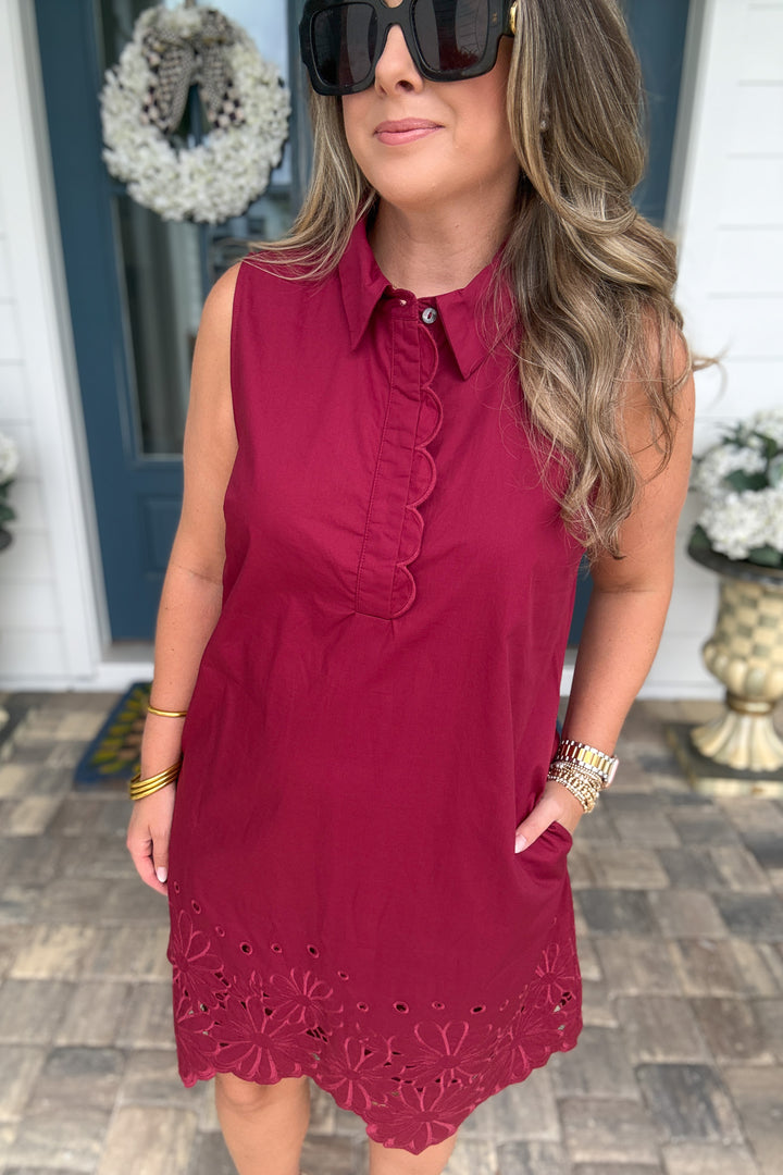 Midnight Garden Scallop Trim Dress - Wine