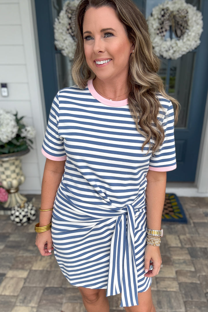 Tie Me Away Cinch Waist Mini Dress - Coastal Blue Stripe