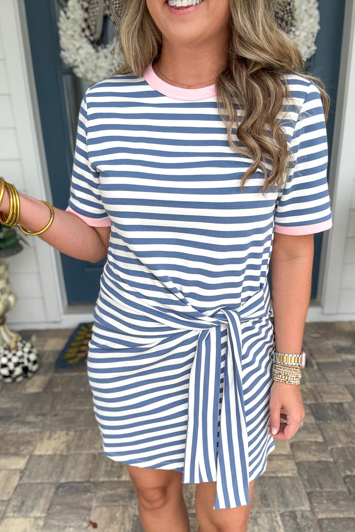 Tie Me Away Cinch Waist Mini Dress - Coastal Blue Stripe