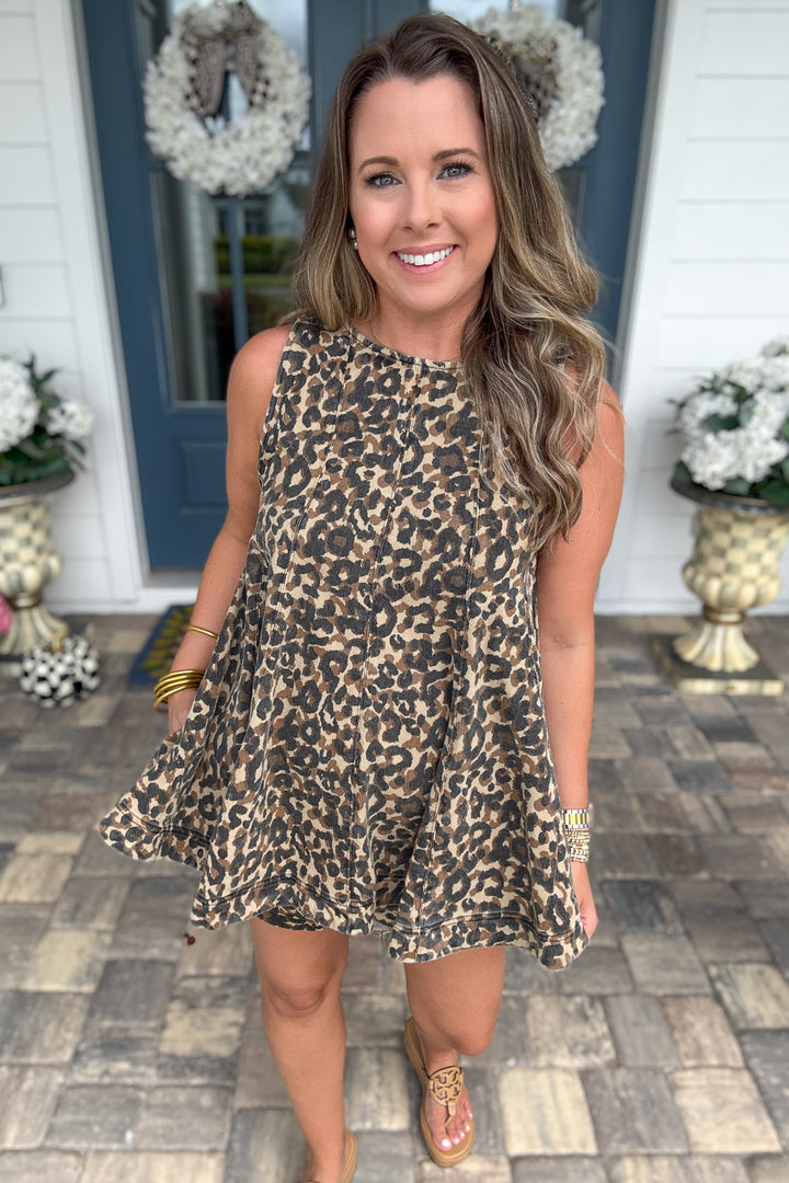 City Girl Sleeveless Flared Leopard Denim Top