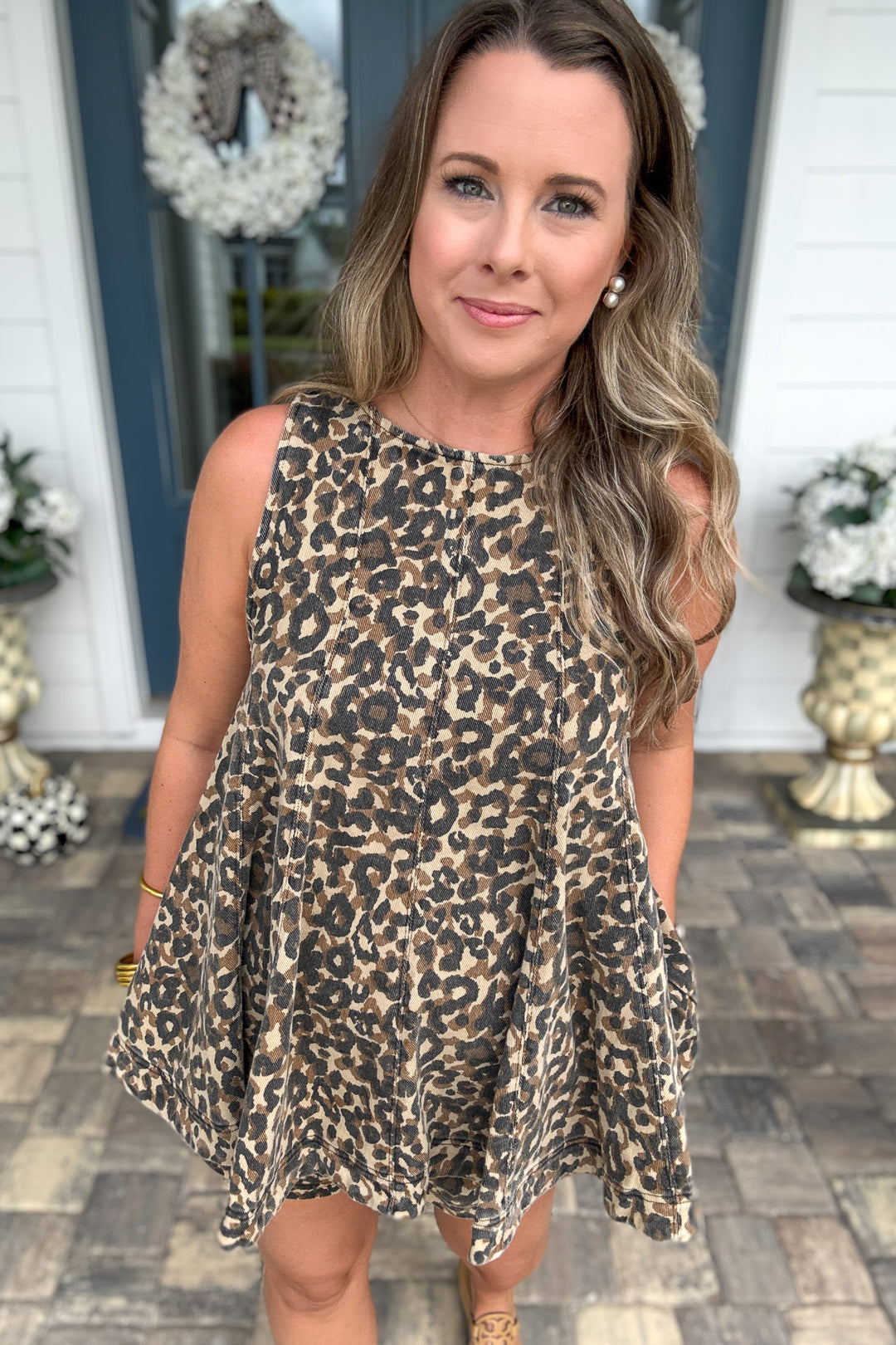 City Girl Sleeveless Flared Leopard Denim Top
