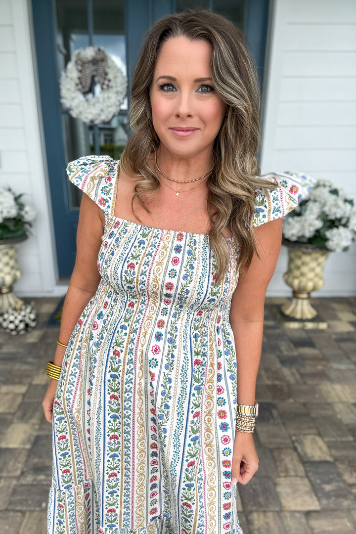 Karlie: French Cottage Floral Smock Maxi Dress - Olive