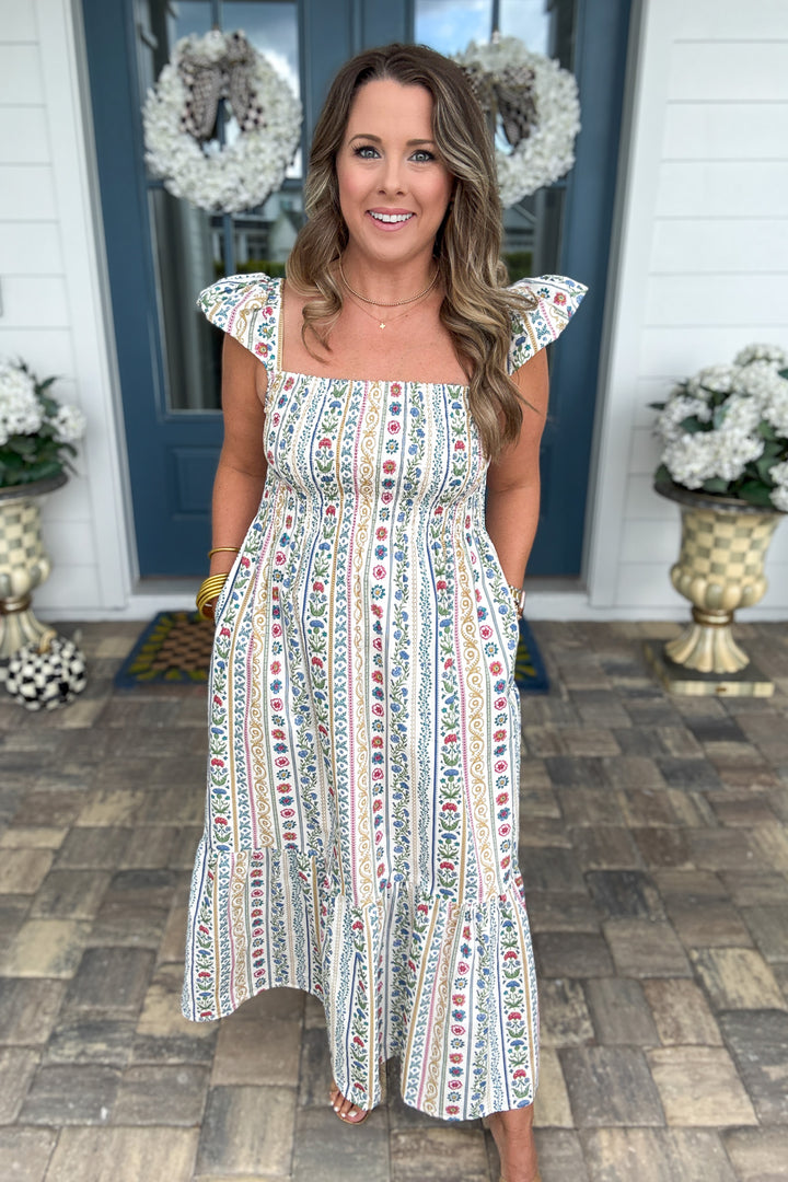 Karlie: French Cottage Floral Smock Maxi Dress - Olive