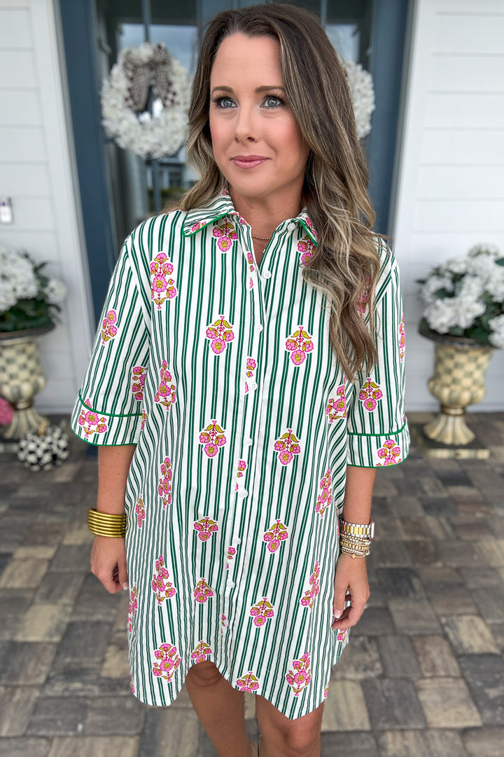 Karlie: Stripe Floral Shirt Dress Piping
