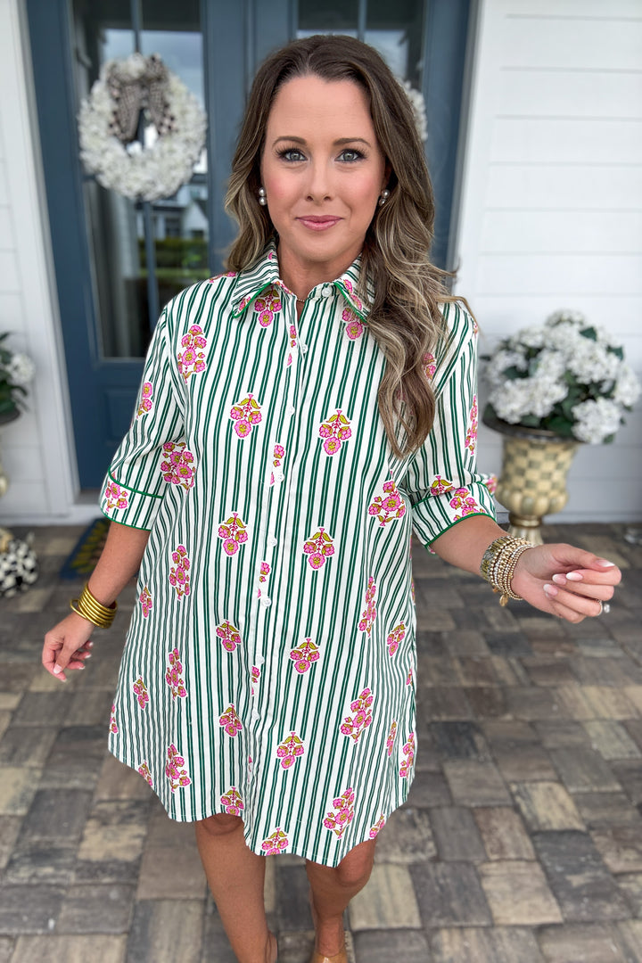 Karlie: Stripe Floral Shirt Dress Piping