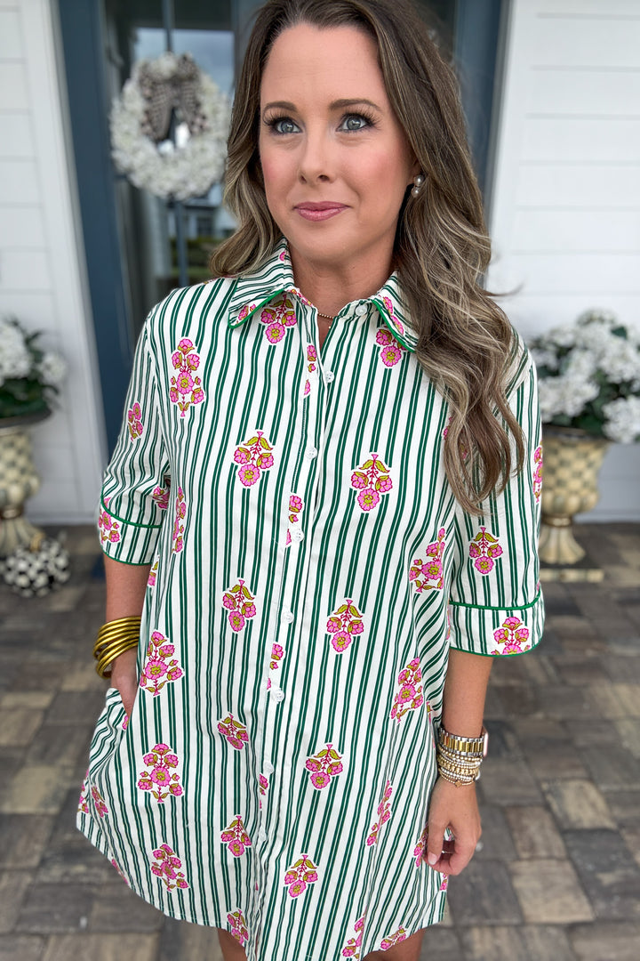 Karlie: Stripe Floral Shirt Dress Piping