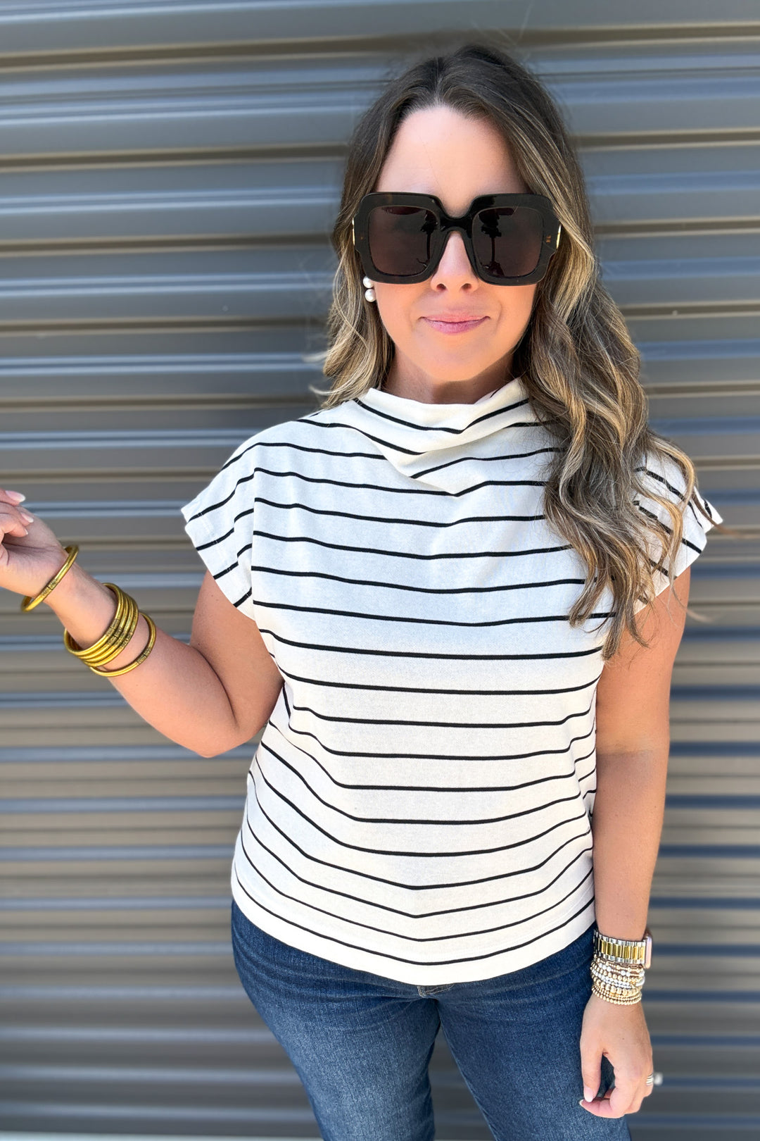 Mock Neck Stripe Top - Off White + Black