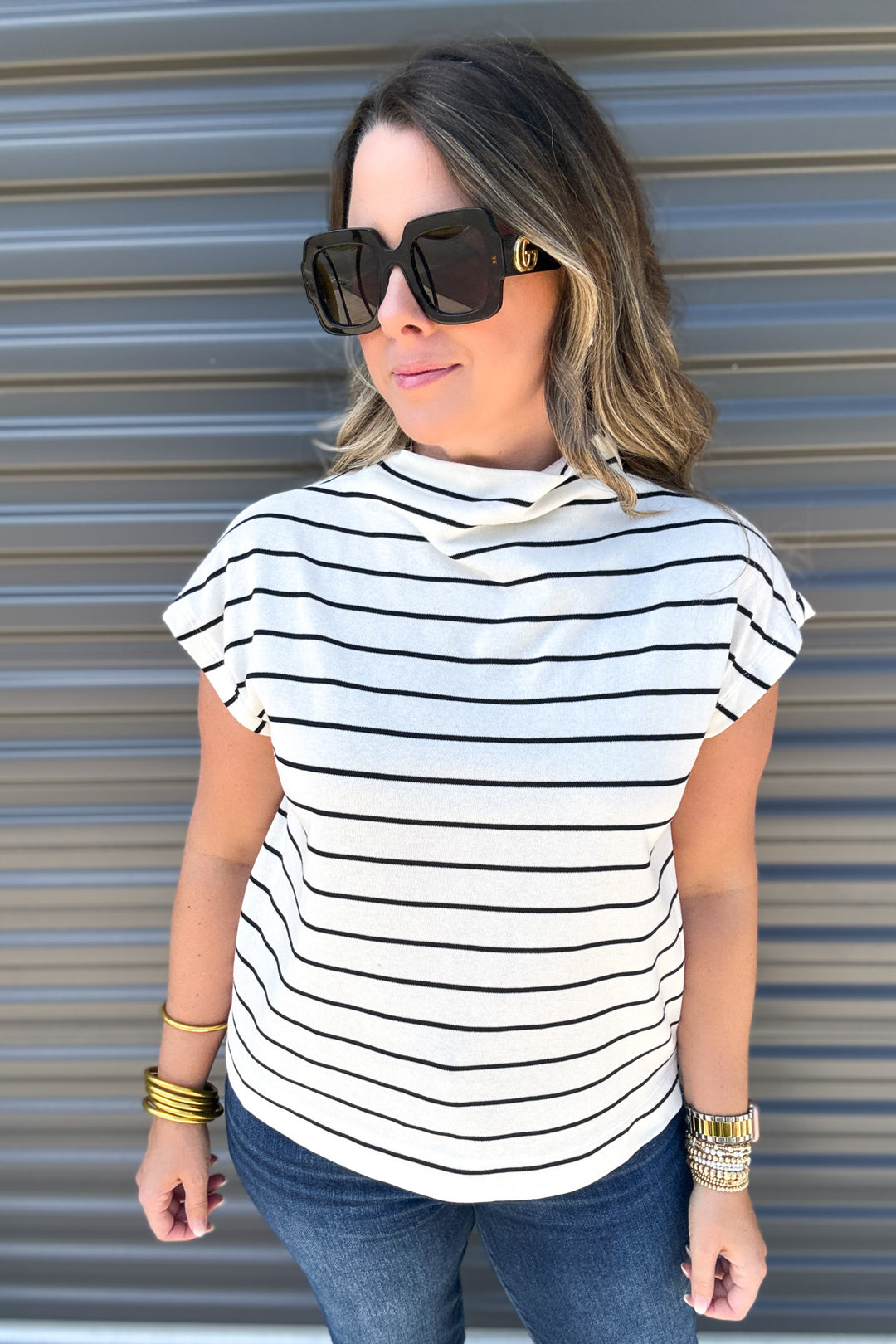 Mock Neck Stripe Top - Off White + Black