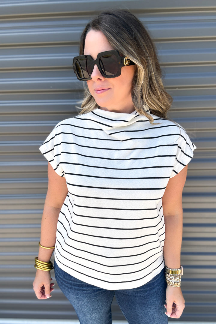 Mock Neck Stripe Top - Off White + Black