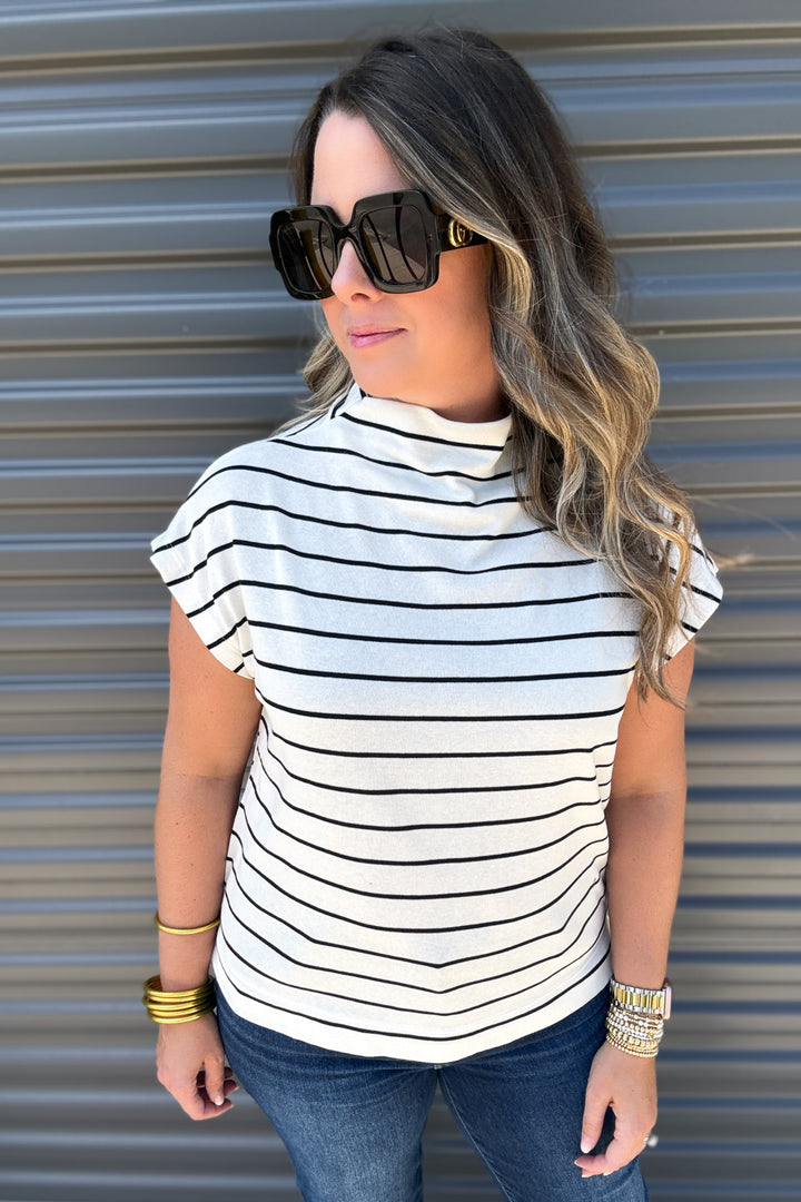 Mock Neck Stripe Top - Off White + Black