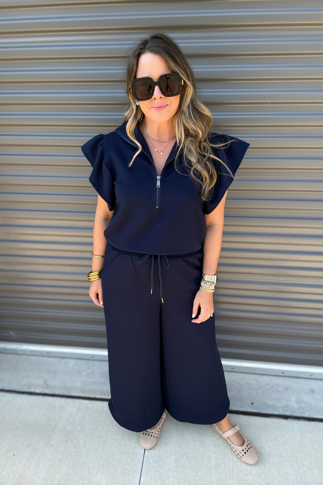 I'm Here Ruffle Half Zip Top - Navy