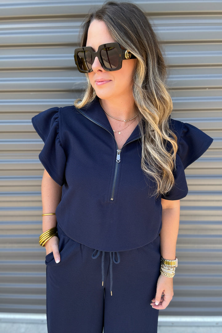 I'm Here Ruffle Half Zip Top - Navy