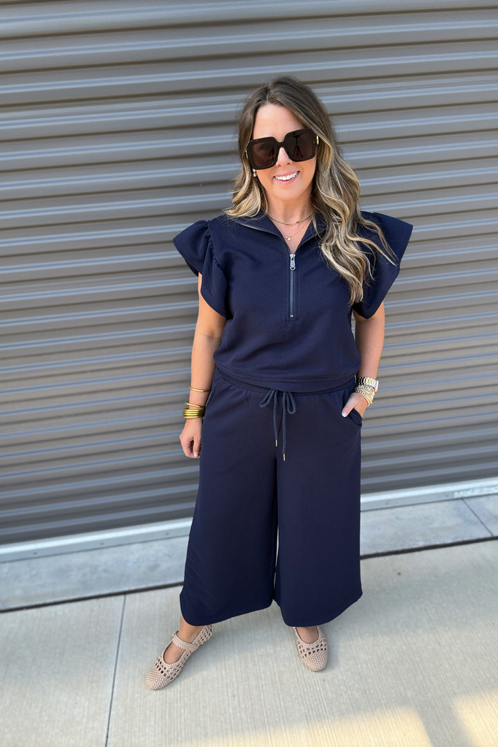 I'm Here Ruffle Half Zip Top - Navy
