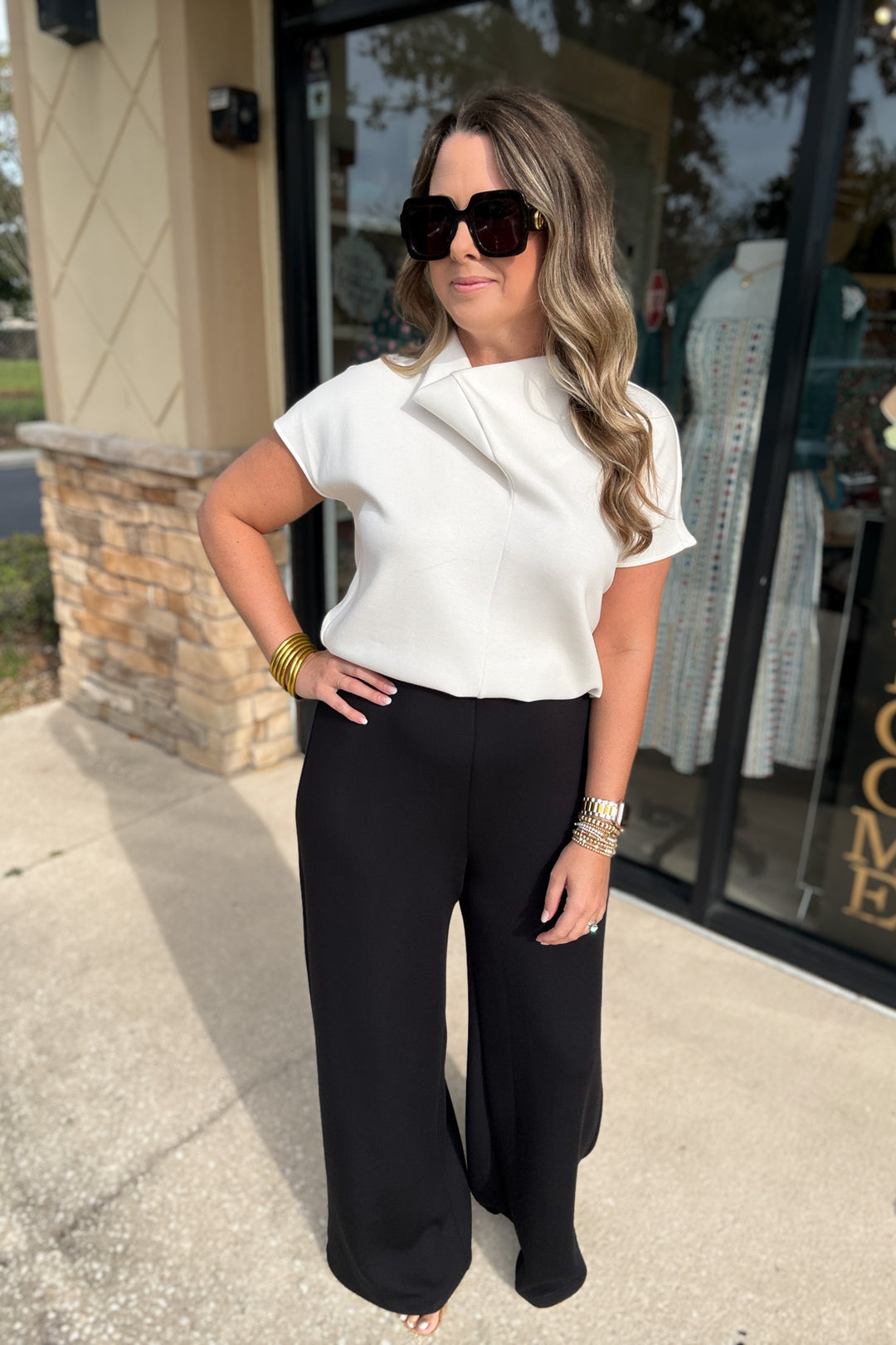 SPANX AirEssentials® Draped Cowl Neck Jumpsuit - Ivory/Very Black
