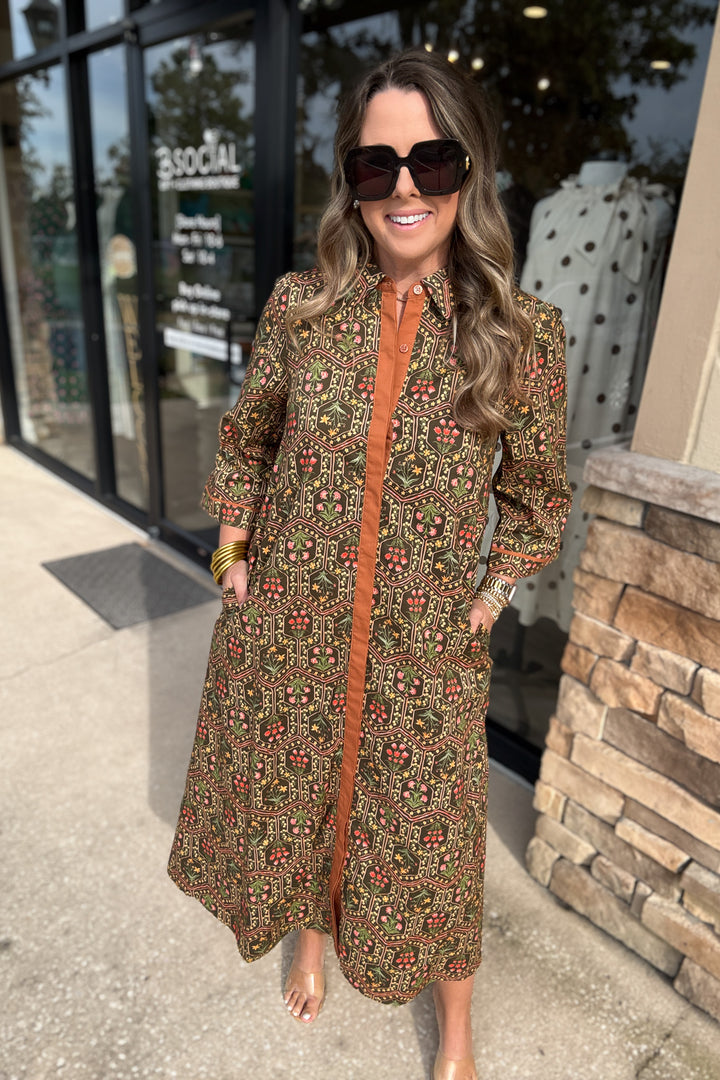 Whimsy Fall Button Front Midi Dress
