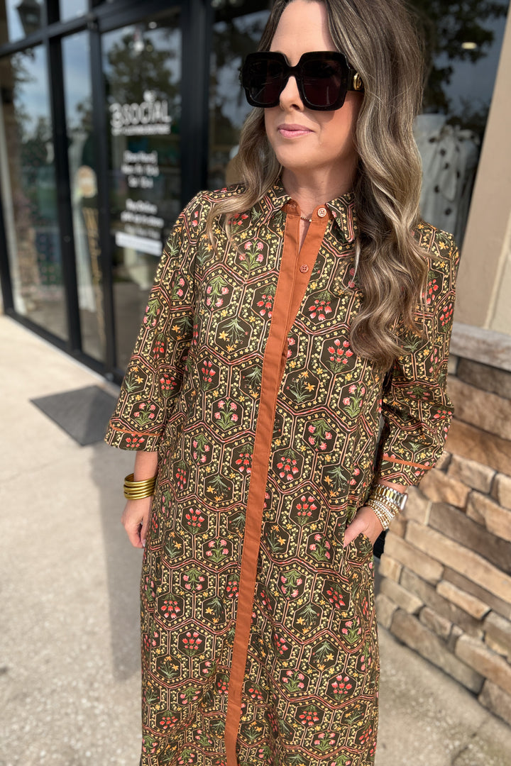 Whimsy Fall Button Front Midi Dress