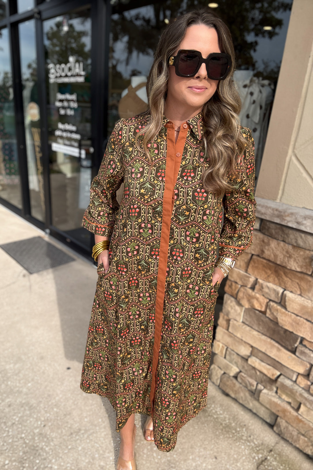 Whimsy Fall Button Front Midi Dress