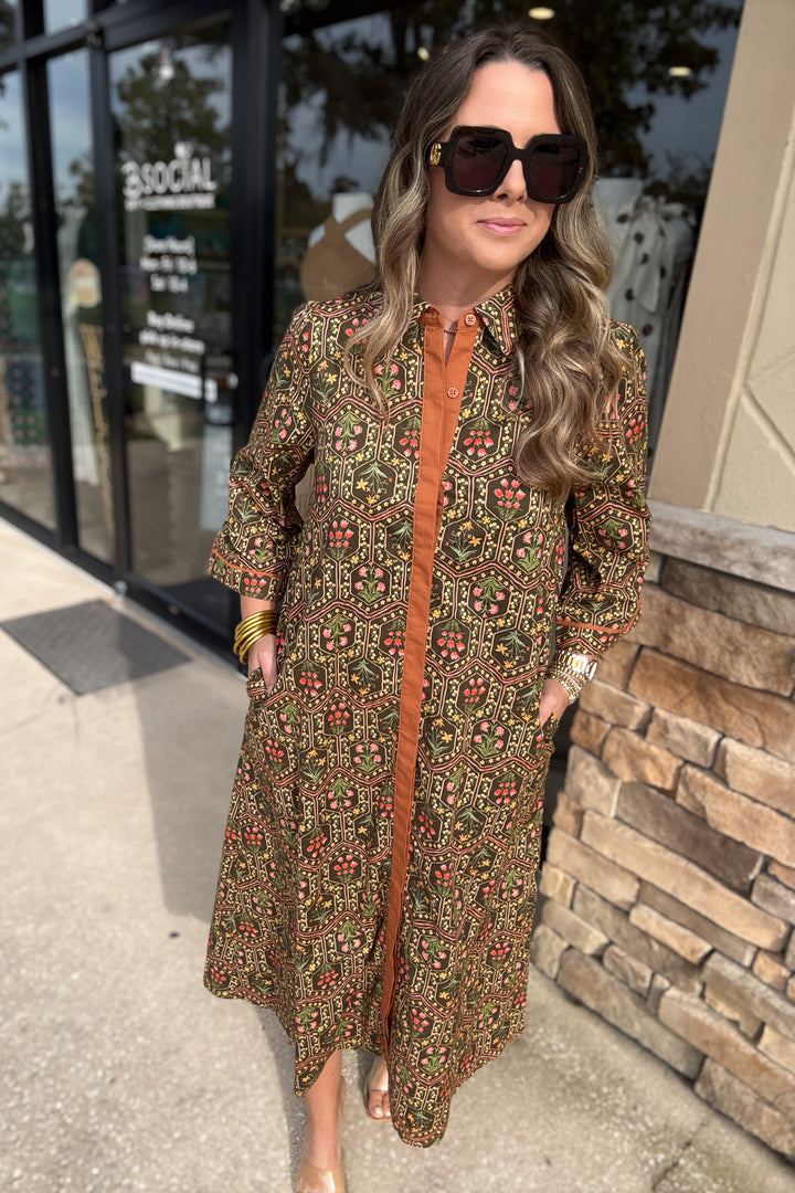 Whimsy Fall Button Front Midi Dress