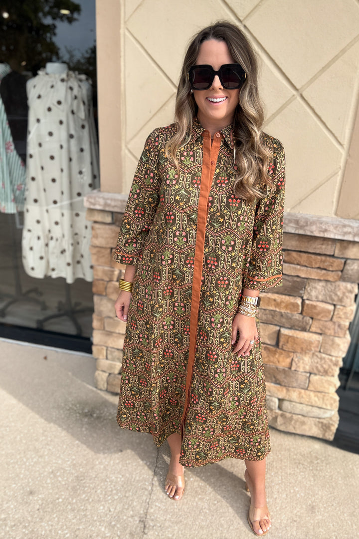 Whimsy Fall Button Front Midi Dress