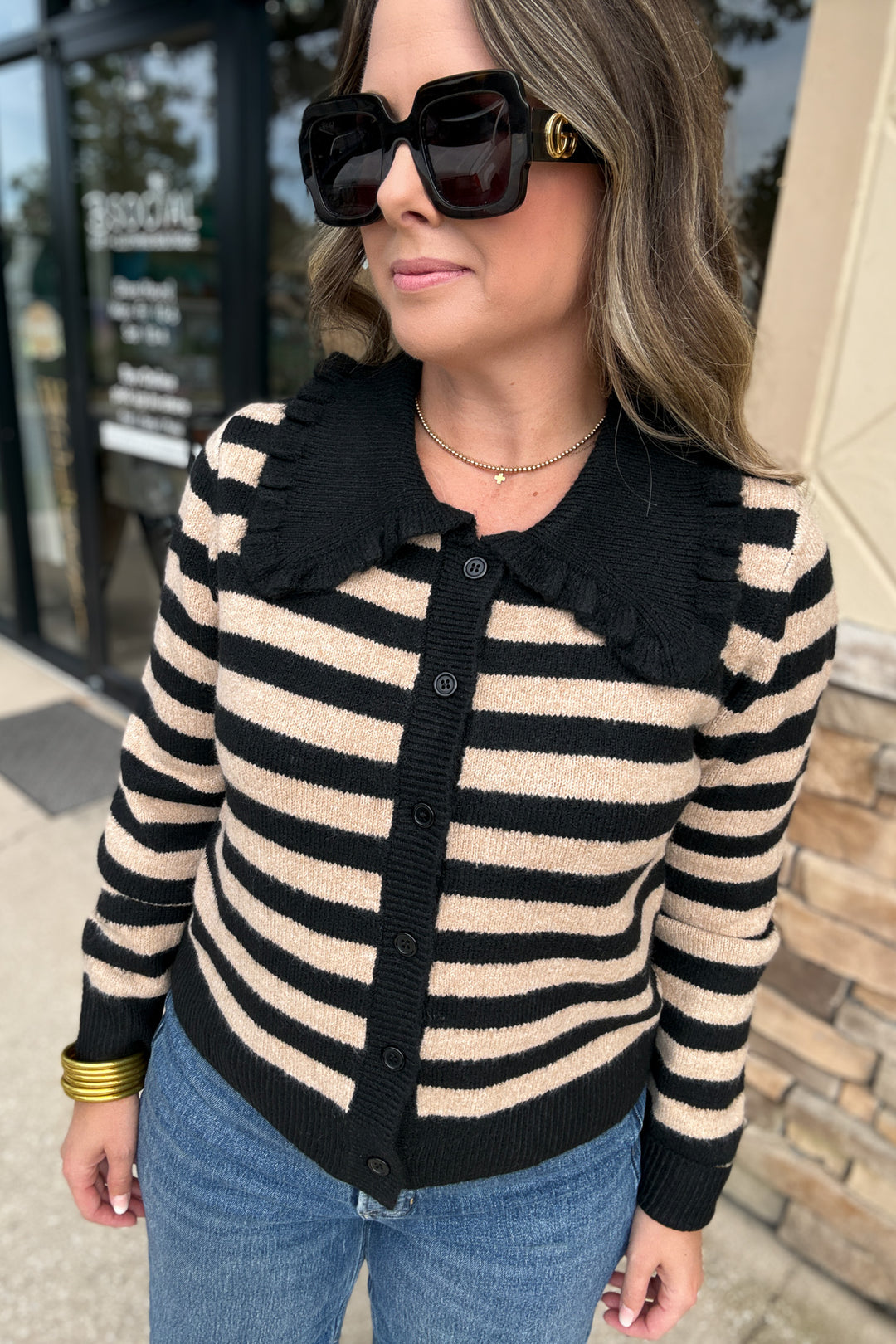 Scallop Meets Stripe Peter Pan Sweater - Mocha