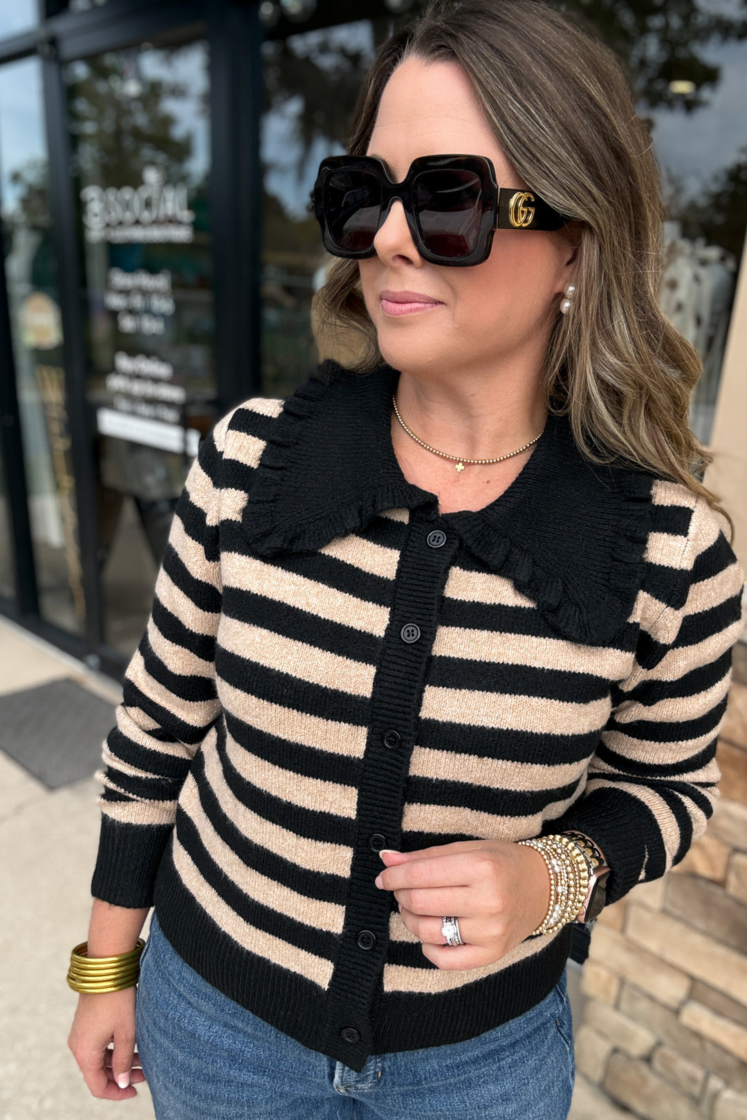 Scallop Meets Stripe Peter Pan Sweater - Mocha