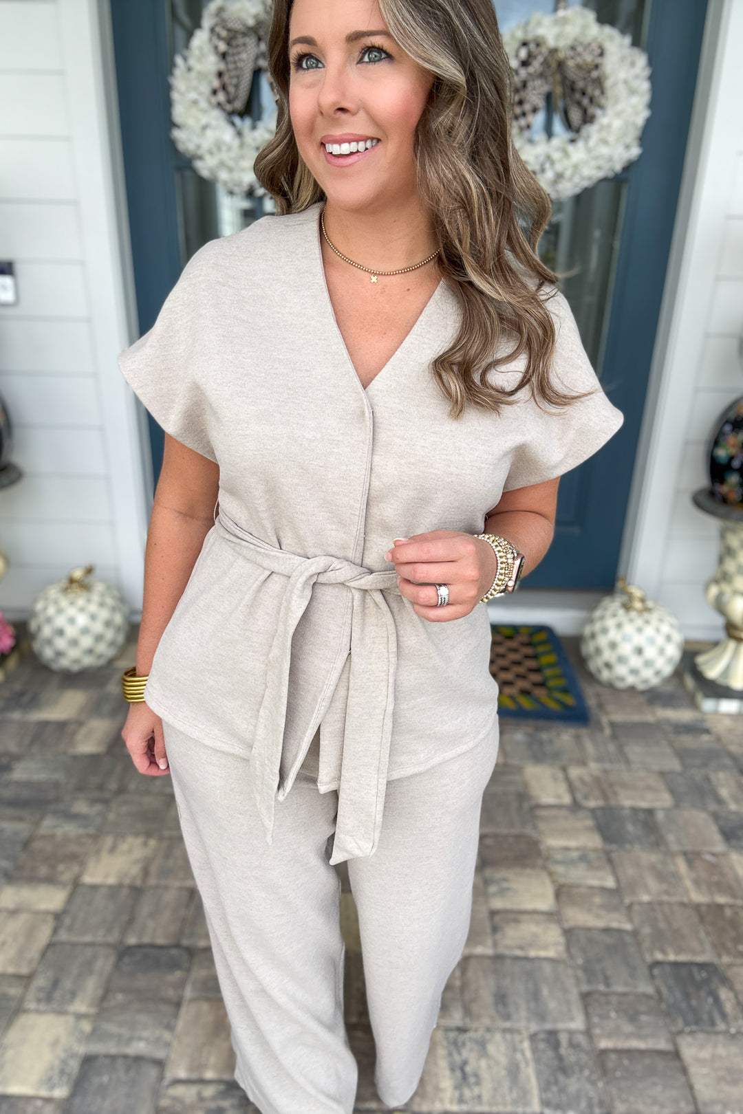 Effortless Elegance Belted Top - Beige